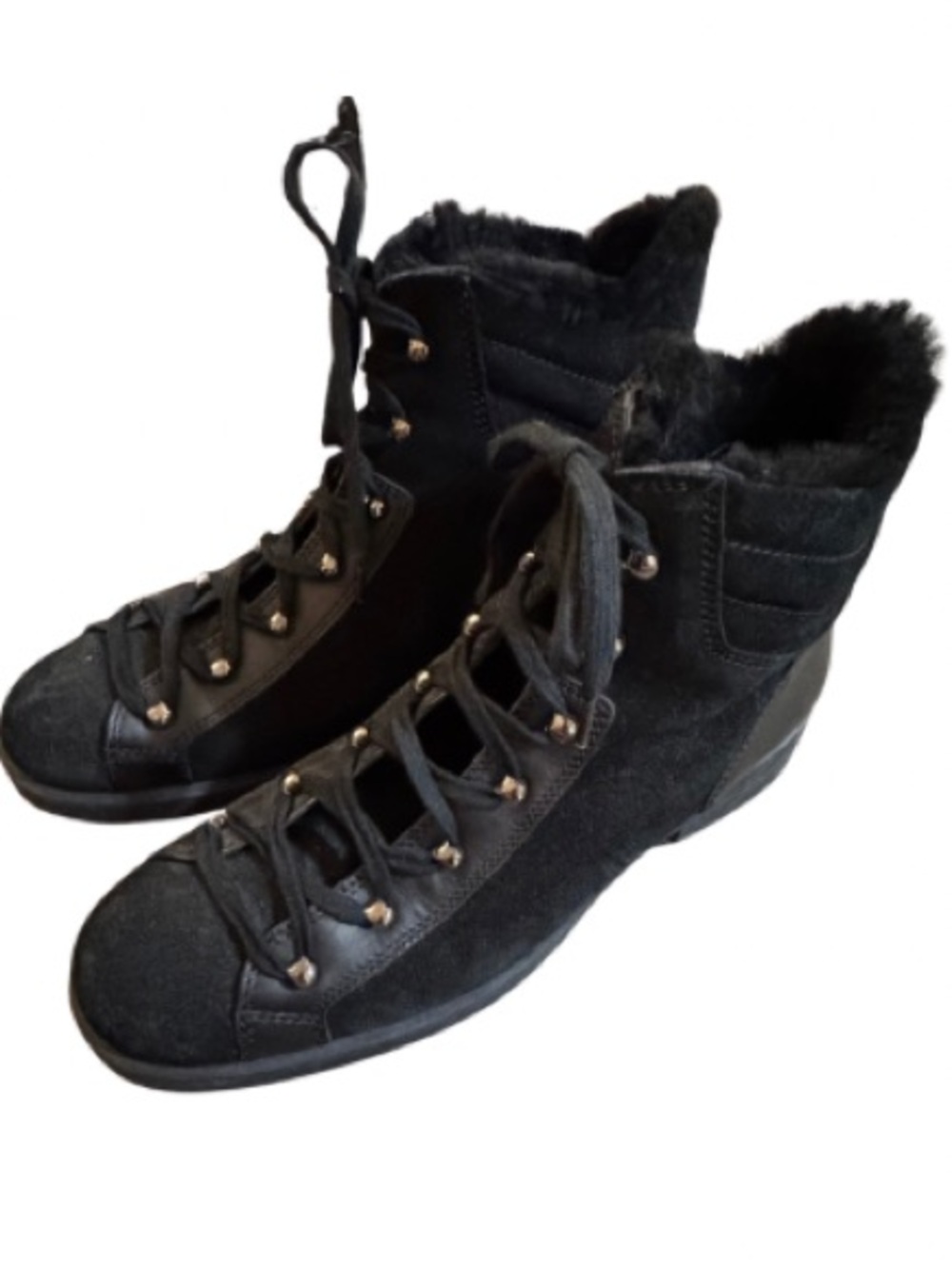 Aquatalia Black Italian Leather & Suede Shearling Combat Lace Up Boots Size 9.5